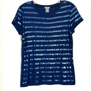 Ann Taylor Navy Blue Sequin Stripe Short Sleeve Top – Size MP (Medium Petite) ✨